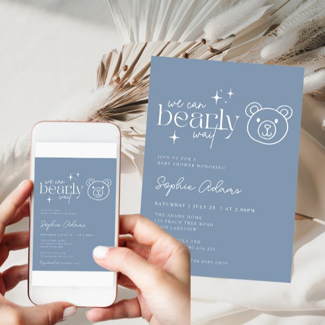 Invitación Dusty Blue Teddy Bear puede esperar a Baby Shower (Subido por el creador)