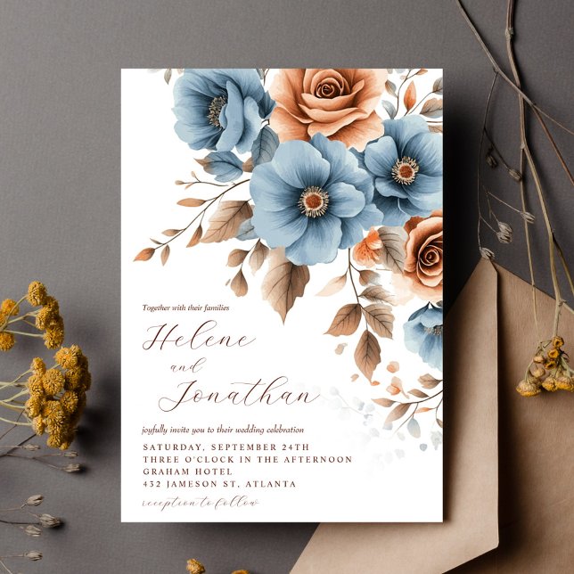 Invitación Dusty Blue Terracotta Boho Floral Elegante Boda (Dusty Blue Terracotta Boho Floral Elegant Wedding Invitation)