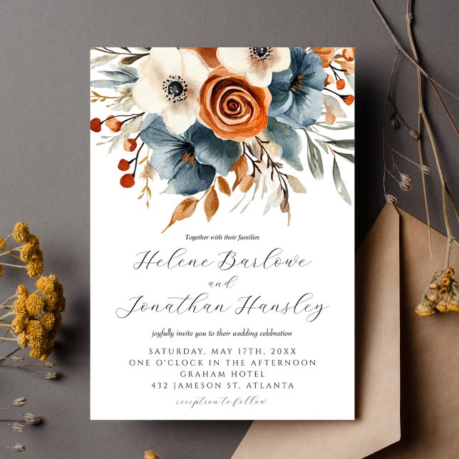 Invitación Dusty Blue Terracotta Boho Floral Elegante Boda (Dusty Blue Terracotta Boho Floral Elegant Wedding Invitation)