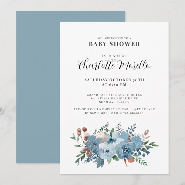 Invitación Dusty Blue Terracotta Floral Baby Shower (Anverso / Reverso)