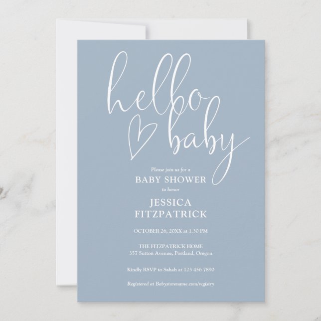 Invitación Dusty Blue Todo En Uno Código QR Baby Shower Hello (Anverso)