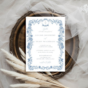 Invitación Dusty Blue Toile Chinoiserie Boda de marco floral