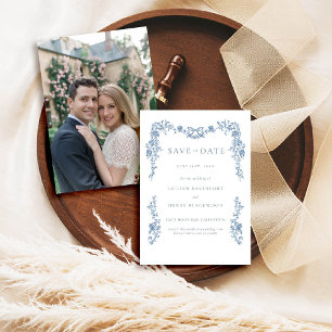 Invitación Dusty Blue Toile Chinoiserie Boda Save Date