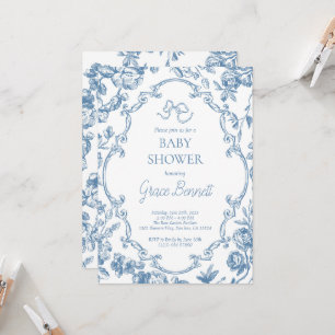 Invitación Dusty Blue Toile de Jouy Baby Shower