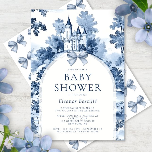 Invitación Dusty Blue Toile De Jouy Baby Shower francés (Subido por el creador)