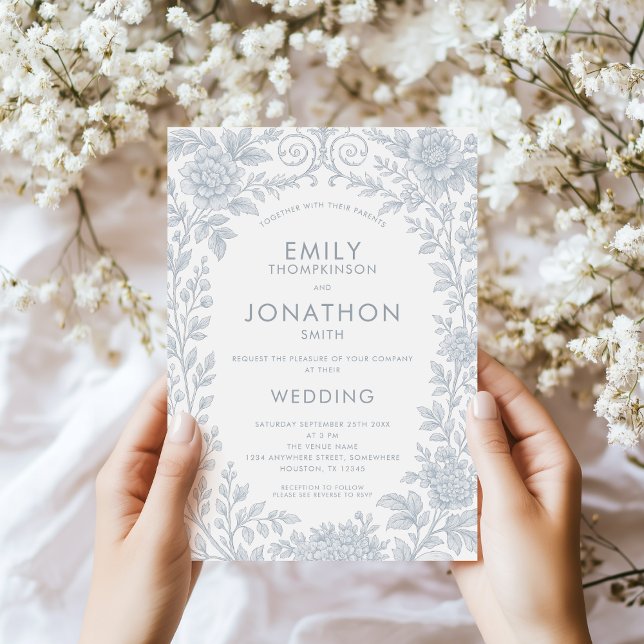 Invitación Dusty Blue Toile De Jouy Border QR Code Boda (Subido por el creador)