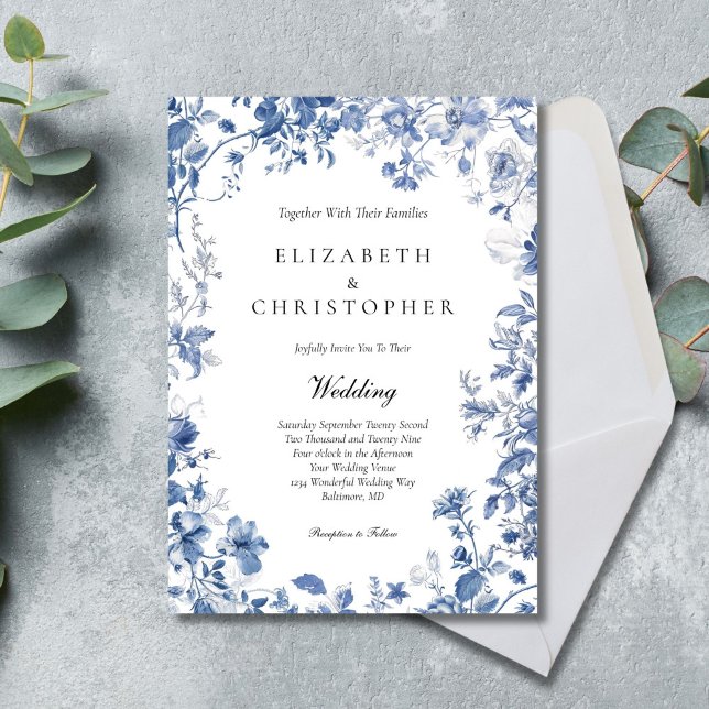 Invitación Dusty Blue Toile Floral acuarela Elegante Boda (Dusty Blue Toile Floral Watercolor Elegant Wedding invitation)