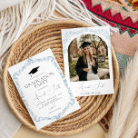 Invitación Dusty Blue Toile Frame Graduation Invite<br><div class="desc">Host an elegant celebration with this "Dusty Blue Toile Frame" graduation invitation. Featuring a sophisticated vintage-style floral border in muted blue and a classic black grad cap icon. Its timeless aesthetic and clean typography make it perfect for the Class of 2026. Ideal for graduates wanting a refined, traditional, yet modern...</div>