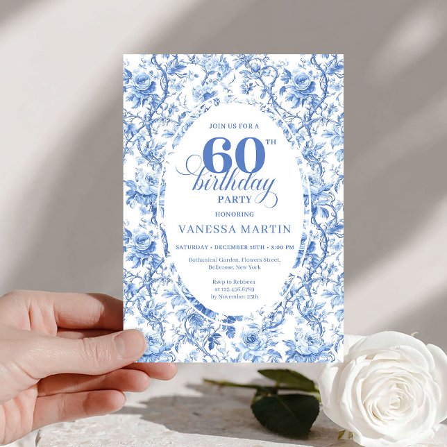 Invitación Dusty Blue Toile Roses 60th Birthday Digital  (Dusty Blue Toile Roses 60th Birthday Digital Invite

)
