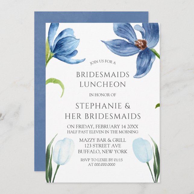Invitación Dusty Blue Tulip Peony Bridesmaids Luncheon (Anverso / Reverso)