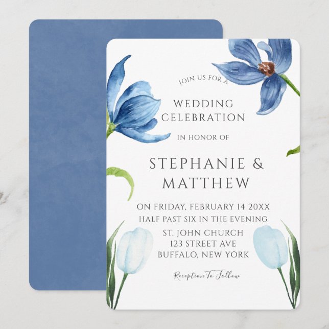 Invitación Dusty Blue Tulip Watercolor Peony Boda (Anverso / Reverso)