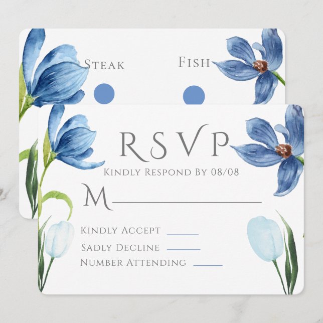 Invitación Dusty Blue Tulip Watercolor Peony Wedding RSVP (Anverso / Reverso)