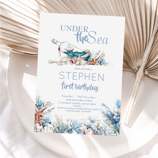 Invitación Dusty Blue Under Sea Cute Primer Fiesta de cumplea (Subido por el creador)