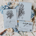 Invitación Dusty Blue Vintage Floral Romántica Boda Jardín<br><div class="desc">Personalice esta romántica y elegante invitación a bodas en el jardín botánico, azul y negro, con un clásico ramo floral de boho con detalles de tipografía caligráfica estilo dinero retro, en un sofisticado diseño de estilo de línea antigua, junto con su código QR personalizado y su sitio web boda para...</div>