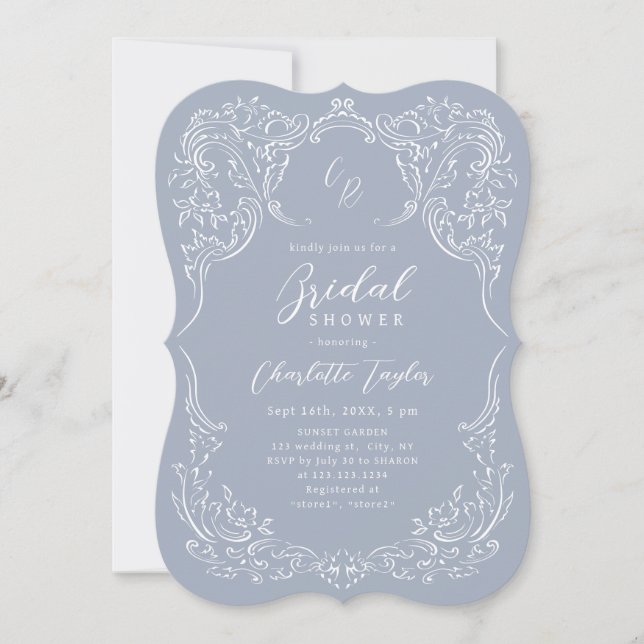 Invitación Dusty Blue Vintage Flouridal Bridal Shower (Anverso)