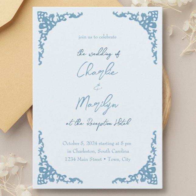 Invitación Dusty Blue vintage look boda (Subido por el creador)