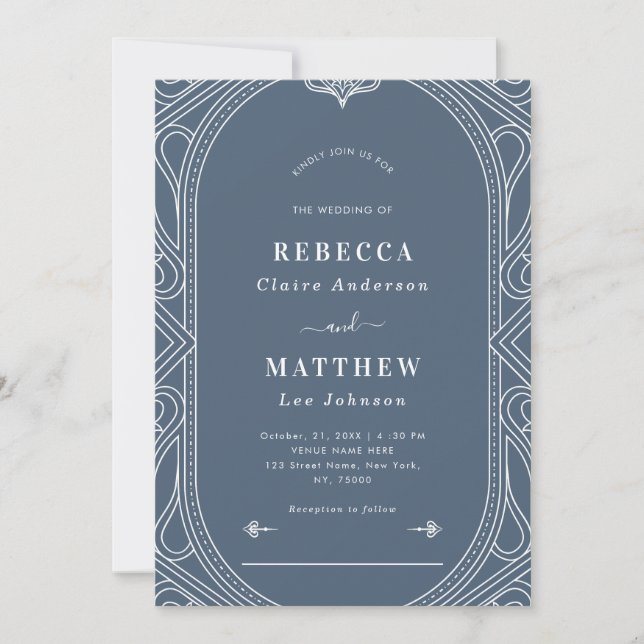 Invitación Dusty Blue Vintage Moderno Deco Boda Geométrico (Anverso)