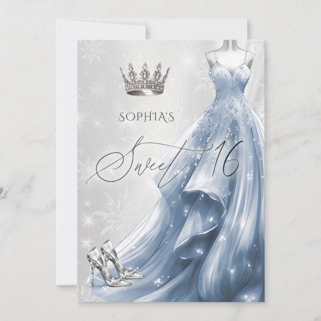Invitación Dusty Blue Vress Snowflakes Winter Sweet 16 (Anverso)