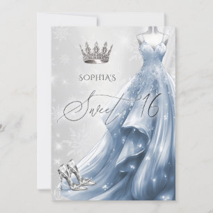 Invitación Dusty Blue Vress Snowflakes Winter Sweet 16