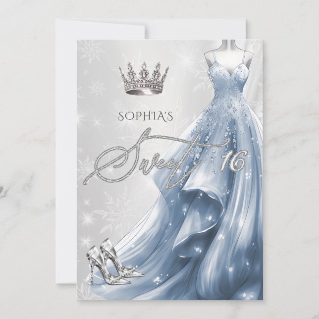 Invitación Dusty Blue Vress Snowflakes Winter Sweet 16 (Anverso)