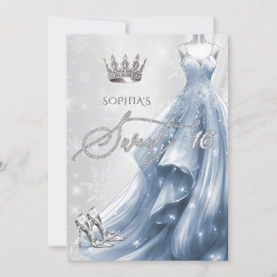 Invitación Dusty Blue Vress Snowflakes Winter Sweet 16