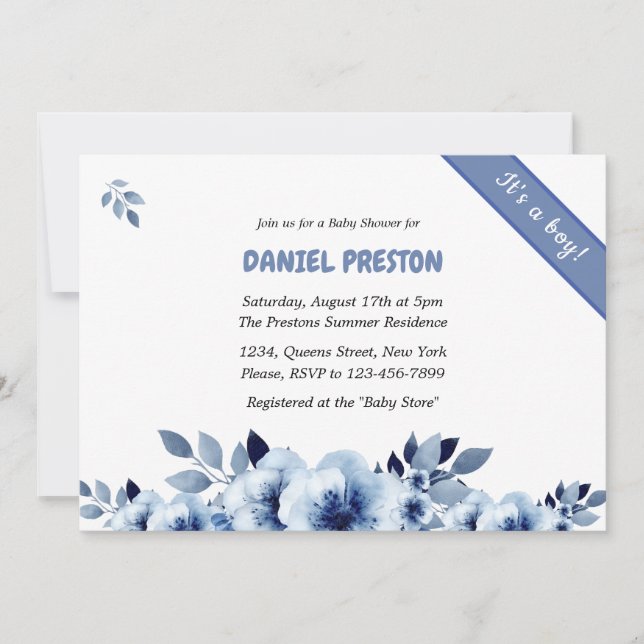 Invitación Dusty Blue Watercolor Baby Shower (Anverso)