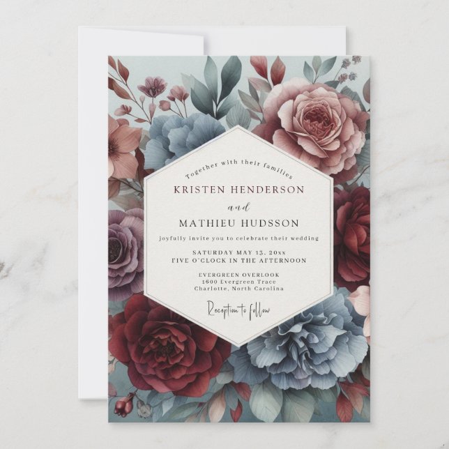 Invitación Dusty Blue Watercolor Bloom Wedding (Anverso)