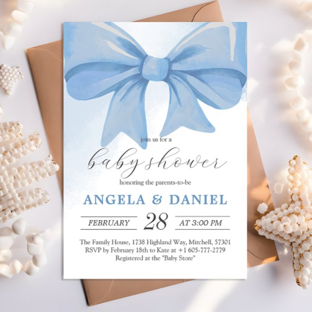 Invitación Dusty Blue Watercolor Bow Baby Shower (Dusty Blue Watercolor Bow Baby Shower Invitation)