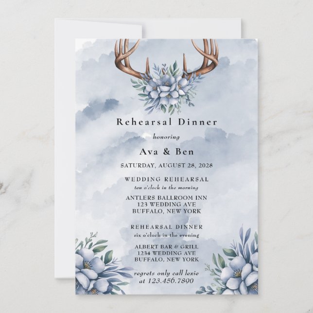 Invitación Dusty Blue Watercolor Deer Antler Ensayo Cena (Anverso)