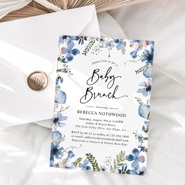 Invitación Dusty Blue Watercolor Floral Azul Bebé Brunch (Subido por el creador)