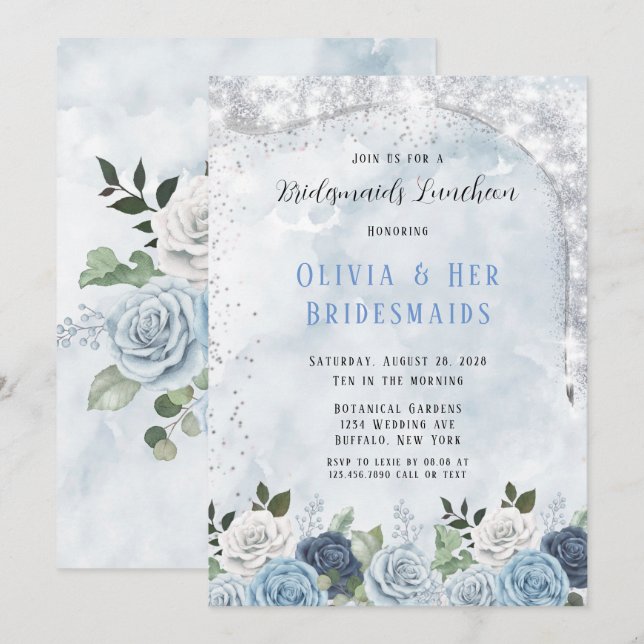 Invitación Dusty Blue Watercolor Floral Bridesmaids Luncheon (Anverso / Reverso)