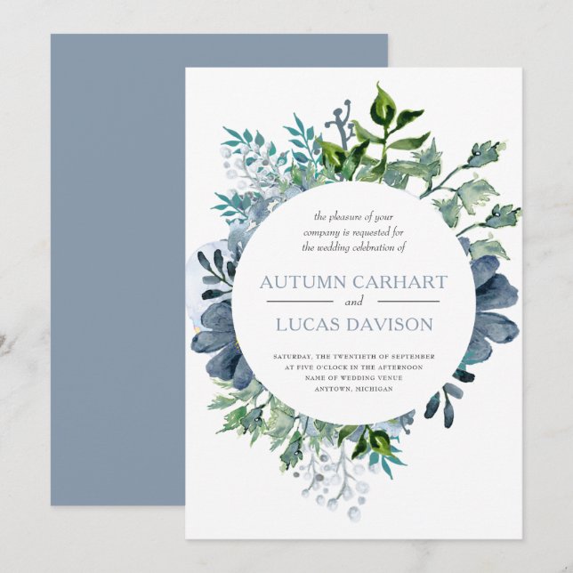 Invitación Dusty Blue Watercolor Floral Circle Boda (Anverso / Reverso)
