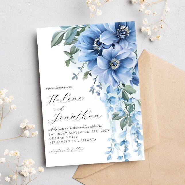 Invitación Dusty Blue Watercolor Floral Elegante Boda (Dusty Blue Watercolor Floral Elegant Wedding Invitation)
