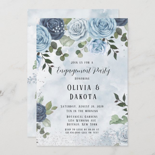 Invitación Dusty Blue Watercolor Floral Engagement Party (Anverso / Reverso)