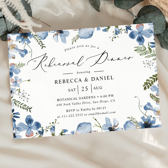 Invitación Dusty Blue Watercolor Floral Ensayo de cena (Subido por el creador)