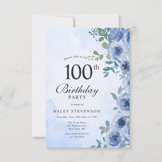 Invitación Dusty Blue Watercolor Floral Moda 100 cumpleaños (Anverso)