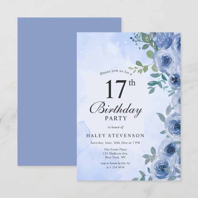 Invitación Dusty Blue Watercolor Floral Moda 17 cumpleaños (Anverso / Reverso)
