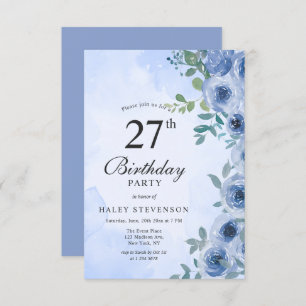 Invitación Dusty Blue Watercolor Floral Moda 27 cumpleaños