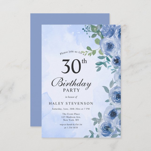 Invitación Dusty Blue Watercolor Floral Moda 30 cumpleaños (Anverso / Reverso)