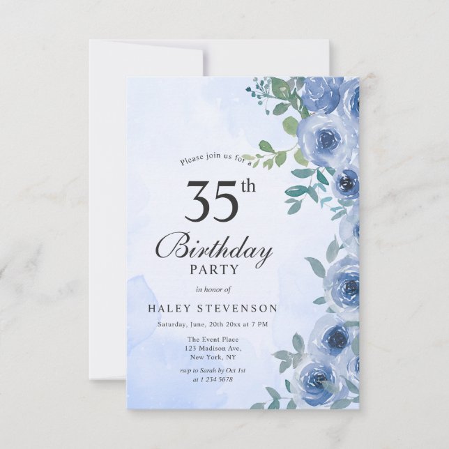 Invitación Dusty Blue Watercolor Floral Moda 35 cumpleaños (Anverso)