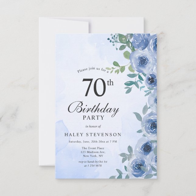 Invitación Dusty Blue Watercolor Floral Moda 70 Años En (Anverso)