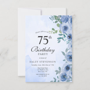 Invitación Dusty Blue Watercolor Floral Moda 75 Años En