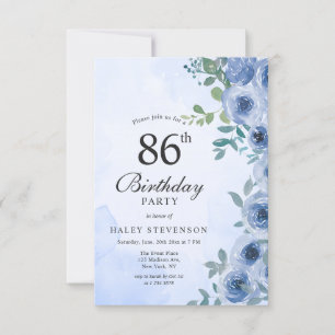 Invitación Dusty Blue Watercolor Floral Moda 86º cumpleaños
