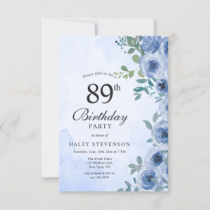 Invitación Dusty Blue Watercolor Floral Moda 89º cumpleaños