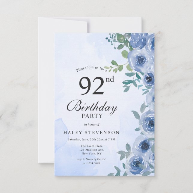 Invitación Dusty Blue Watercolor Floral Moda 92º cumpleaños (Anverso)