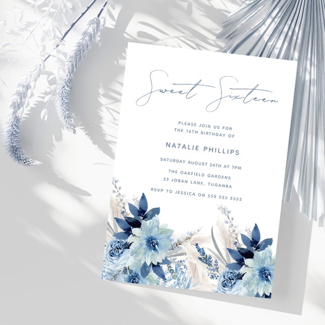 Invitación Dusty Blue Watercolor Florals Dulce 16 Cumpleaños (Subido por el creador)