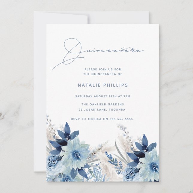Invitación Dusty Blue Watercolor Florals Quinceañera Fiesta (Anverso)