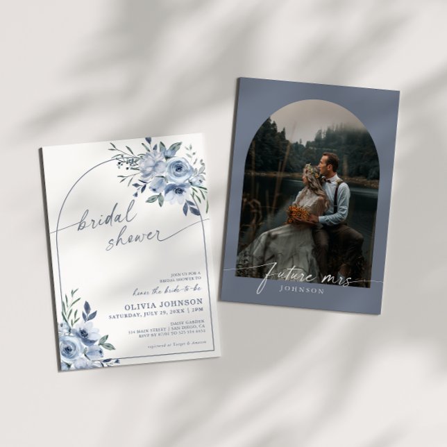 Invitación Dusty Blue Watercolor Foto Floral Bridal Shower (Subido por el creador)