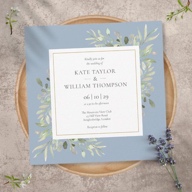 Invitación Dusty Blue Watercolor Greenery Boda (Subido por el creador)