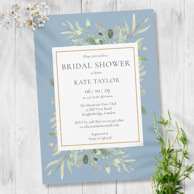 Invitación Dusty Blue Watercolor Greenery Bridal Shower (Subido por el creador)